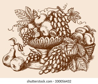 Hand drawn still life with fruits and decorative frame in vintage style