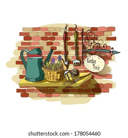 Hand drawn still life of gardening tools for plants flowers farming and agriculture vector illustration