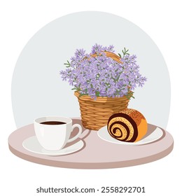 Hand drawn still life illustration of coffee and a poppy bun