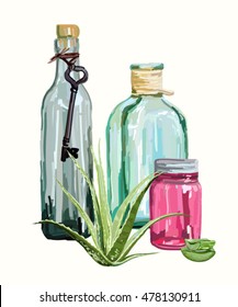 Hand drawn still life illustration with bottles, jar on white background. Vintage objects art