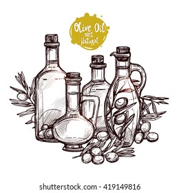 Hand Drawn Still Life With Olive Oil, Olive Branches, Olive Bottle. Monochrome Sketch Style