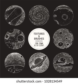 Handgezeichnete Illustrationen zum Thema Kosmos, Weltraumforschung, Astronomie. Künstlerische Kollektion für Label, Logo, Plakatdesign-Vorlage mit gestopften strukturierten Zeichnungen. Einziger Vektorsatz.