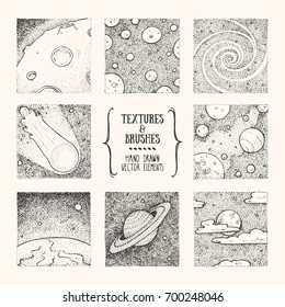 Hand Drawn Stippling Illustrations Related To Cosmos, Space Exploration. Artistic Collection Of Cute Design Elements: Galaxy Background, Stippling Textured Drawing For Prints. Isolated Vector Set.