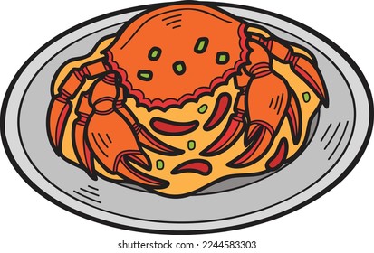 Hand Drawn Stir Fried Crab with Curry Powder or Thai food illustration isolated on background