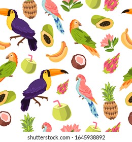 Hand drawn stock seamless pattern with parrot, toucan, coconuts, banana, papaya, pineapple and dragon fruit. Topical texture in cartoon style. Exotic background for apparel, wrapping paper, linen