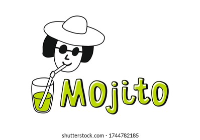 Hand drawn stock vector illustration, in doodle style. A girl in a hat and glasses drinks mojito from a glass.