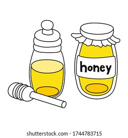 Hand drawn stock vector illustration, in doodle style. Honey in a glass jar with a label and a spoon.