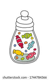 Hand drawn stock vector illustration, in doodle style. Glass jar with colorful candies.
