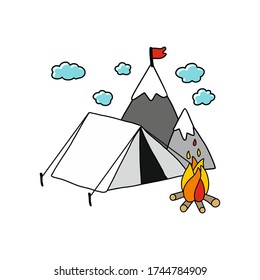 Hand drawn stock vector illustration, in doodle style. Camping in the mountains, a camp, a tent with a bonfire.