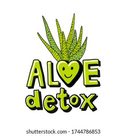 Hand drawn stock vector illustration, in doodle style. Aloe green detox with a heart and a smile