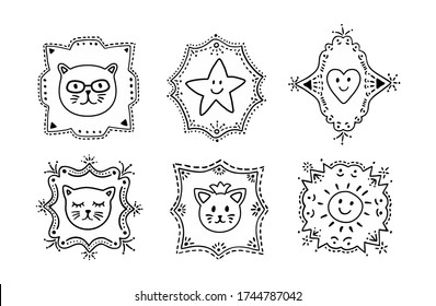 Ilustración vectorial de material dibujado a mano, en estilo doodle. Gato, estrella, corazón en marcos abiertos.