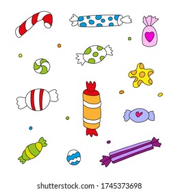 Hand drawn stock vector illustration, in doodle style. Set of multi-colored sweets.
