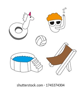Hand drawn stock vector illustration, in doodle style. Color and black and white pool, diver, swimming circle, basketball, sun lounger for relaxation and sunbathing.