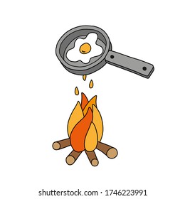 Hand drawn stock vector illustration, in doodle style. Scrambled eggs are fried in a pan over a fire.