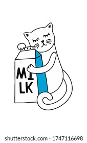 Hand drawn stock vector illustration, in doodle style. The cat loves and hugs a bag of milk.