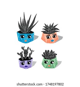 Ilustración vectorial de material dibujado a mano, en estilo doodle. Cactus de moda con ojos en macetas desmoronadas.