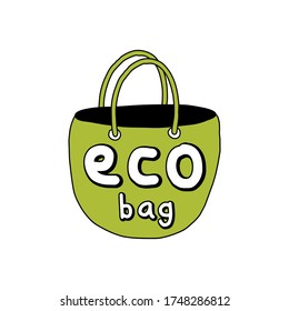 Handgezeichnete Stock-Vektorgrafik im Doodle-Stil. Grüne Tasche mit der Aufschrift eco.