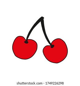 Ilustración vectorial de material dibujado a mano, en estilo doodle. Dos cerezas rojas.