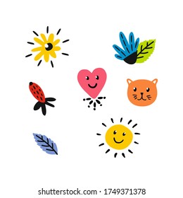 Ilustración vectorial de material dibujado a mano, en estilo doodle. Un conjunto de elementos. Sol, corazón, gato, flores y hojas divertidas.