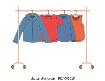 Hand drawn Stock vector illustration, different clothes on garment rack in clothing store isolated on white background. Men and women casual outfit hanging on shop rolling display stand. Seasonal sale