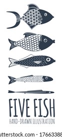 Ilustraciones vectoriales dibujadas a mano. Conjunto de cinco peces. Perfecto para tu diseño. 