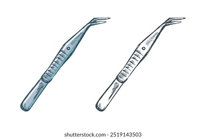 Atributo estomatológico desenhado à mão. Ferramenta dentária profissional vintage ilustração vetor isolado no fundo branco. Equipamento para ortodontistas.