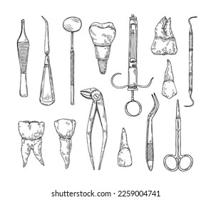 Hand drawn Stomatology attributes. Professional dental tools, tooth with root and dental implant vintage vector illustration set. Equipment for orthodontists, oral treatment and protection