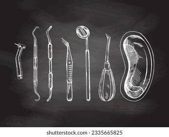 Hand drawn stomatology attributes. Professional dental tools vintage vector illustration set isolated on chalkboard background. Equipment for orthodontists.