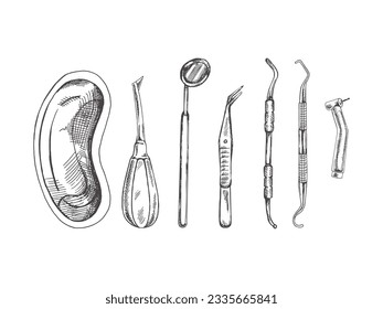 Hand drawn stomatology attributes. Professional dental tools vintage vector illustration set isolated on white background. Equipment for orthodontists.