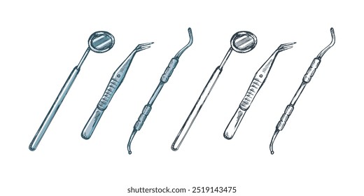 Atributos estomatológicos desenhados à mão. Ferramentas dentárias profissionais vintage vetor ilustração conjunto isolado no fundo branco. Equipamento para ortodontistas.