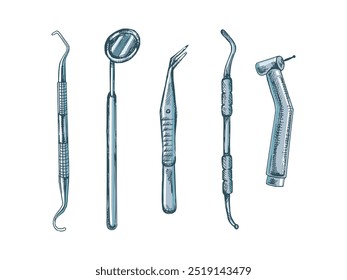 Atributos estomatológicos desenhados à mão. Ferramentas dentárias profissionais vintage vetor ilustração conjunto isolado no fundo branco. Equipamento para ortodontistas.