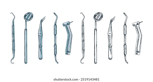 Atributos estomatológicos desenhados à mão. Ferramentas dentárias profissionais vintage vetor ilustração conjunto isolado no fundo branco. Equipamento para ortodontistas.