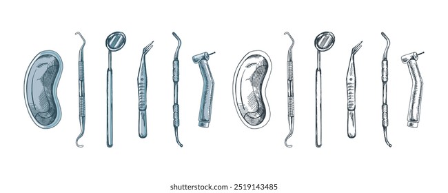 Atributos estomatológicos desenhados à mão. Ferramentas dentárias profissionais vintage vetor ilustração conjunto isolado no fundo branco. Equipamento para ortodontistas.