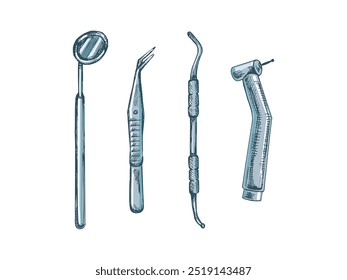 Atributos estomatológicos desenhados à mão. Ferramentas dentárias profissionais vintage vetor ilustração conjunto isolado no fundo branco. Equipamento para ortodontistas.