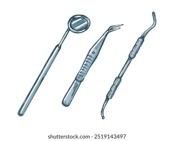 Atributos estomatológicos desenhados à mão. Ferramentas dentárias profissionais vintage vetor ilustração conjunto isolado no fundo branco. Equipamento para ortodontistas.