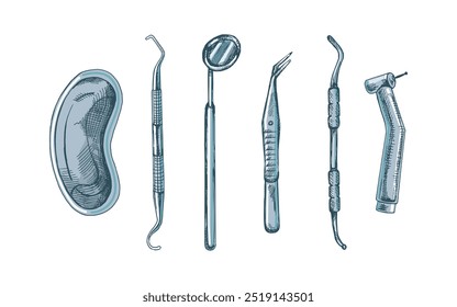 Atributos estomatológicos desenhados à mão. Ferramentas dentárias profissionais vintage vetor ilustração conjunto isolado no fundo branco. Equipamento para ortodontistas.