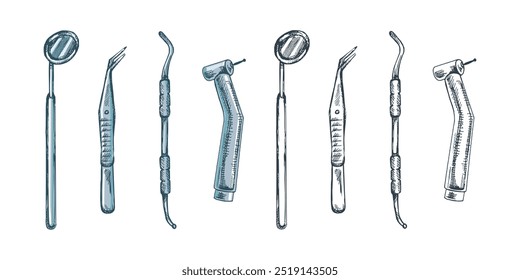 Atributos estomatológicos desenhados à mão. Ferramentas dentárias profissionais vintage vetor ilustração conjunto isolado no fundo branco. Equipamento para ortodontistas.