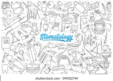 Hand drawn stomatology doodle set background with blue lettering in vector