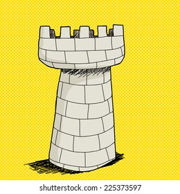 Hand drawn stone castle tower over yellow halftone background