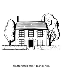 Hand drawn stone cottage with trees.. Vector sketch  illustration.