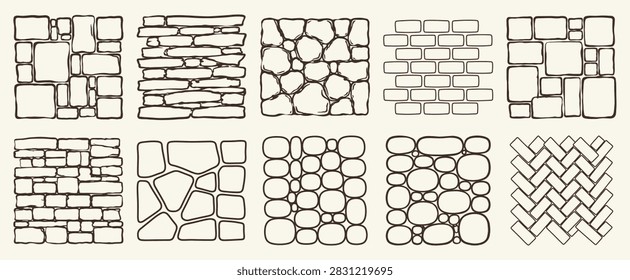 Hand Drawn Stone Wall and Brick Pavement Vector Textures - Vintage Masonry Line Art Patterns, Cobblestone, Slate, Flagstone, and Herringbone Surfaces