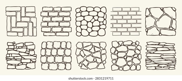 Hand Drawn Stone Wall and Pavement Vector Textures Set - Vintage Masonry Patterns, Brickwork, Cobblestone, Slate, Flagstone, and Rock Surfaces