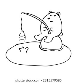 Hand drawn Stop Ocean Plastic Pollution. funny polar bear is fishing Mascot Character, Broken Bottle Glass Trash Under the Sea Vector illustration color children cartoon clipart by wordspotrayal