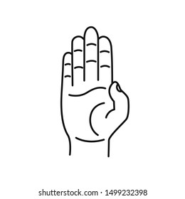 Hand drawn stop signal gesture isolated on a white. Palm and the hand. Sketch. Vector illustration.