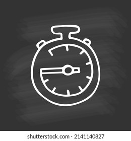 Hand drawn stopwatch on chalkboard. White outline on black background. Cute element in doodle style for card, social media banner, sticker, print, decoration kids playroom. Vector illustration.