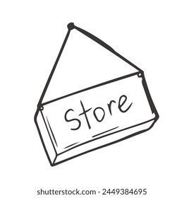 Hand drawn store door sign. Doodle sketch style. Shop door or window store label.