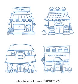 Hand Drawn Store, Shop, Restaurant, Cafe, Bar Buildings. Vector Doodle Collection