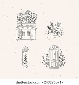 Hand drawn store, hand, test tube, door icons drawing in floral style on light background