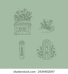 Hand drawn store, hand, test tube, door icons drawing in floral style on green background