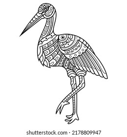 Dibujo manual de cigüeña en estilo zentángulo